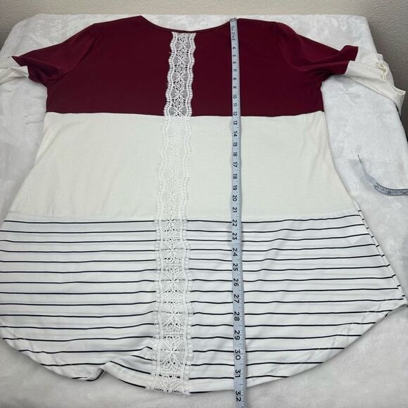 Sherosa Women's XL Long Sleeve Colorblock Tunic‎ Maroon Ivory Stripe Lace Inset - Picture 9 of 9
